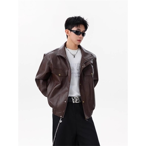 美式pu短款皮衣外套男女秋季cleanfit翻领工装飞行夹克情侣机车服图片