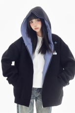 美式复古秋冬宽松格子拼接刺绣开衫拉链卫衣休闲夹克外套男女同款，男装夹克，星座302B