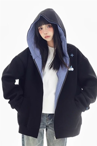 美式复古秋冬宽松格子拼接刺绣开衫拉链卫衣休闲夹克外套男女同款图片