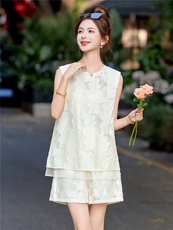 高级感时尚提花无袖套装女2025夏新款休闲气质减龄背心短裤两件套，女装套装/套裙，尚娜萱
