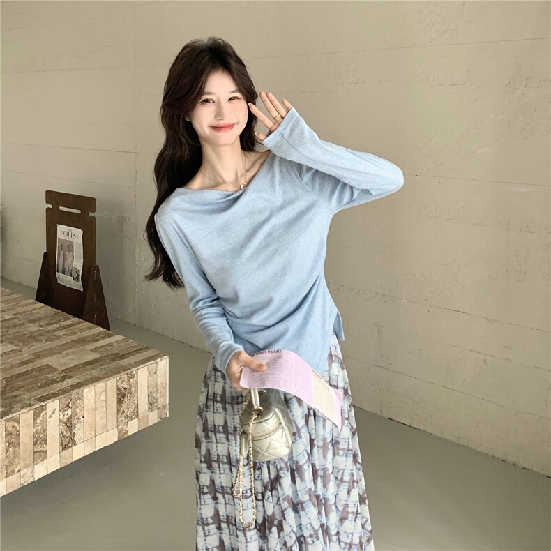 2026春季新款温柔风荡领长袖T恤+格纹半身裙两件套韩系显瘦套装，女装套装/套裙，艾米莉亚