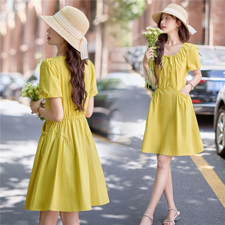 法式茶歇设计连衣裙女夏2025新款绝美泡泡袖收腰显瘦小个子A字裙，女装连衣裙，难舍钰依