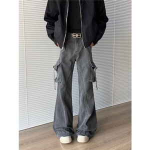 多口袋做旧牛仔裤男宽松直筒阔腿高街工装裤子8001 P60图片