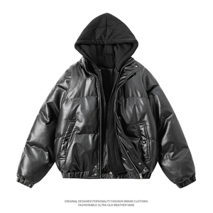 现货假两件pu皮衣棉服外套男冬季新款加厚美式高街棉衣M106-P120