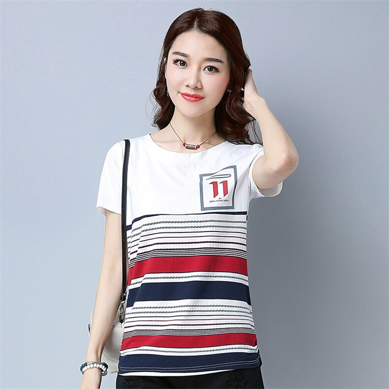 拼接粗横条纹T恤通勤2021年夏季短袖创意修身韩版百搭气质，女装T恤，丽影随形