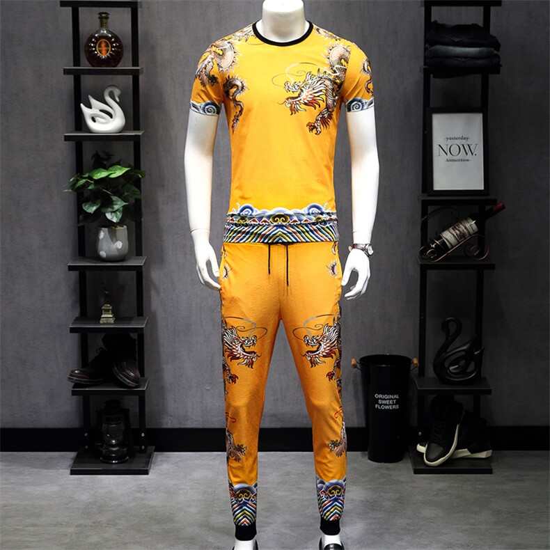 2021夏季新款龙袍长裤套装男短袖钱塘3029-CZ8005假模，男装套装，钱塘6006(原3029)