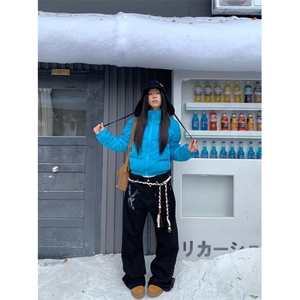 美式小众刀叉印花倒装直筒牛仔裤男女宽松百搭阔腿拖地长裤图片