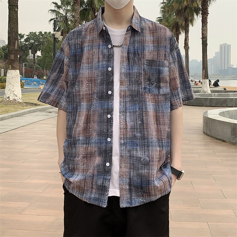 复古男款春秋夏季衬衫潮流宽松青年痞帅短袖破洞衬衣港风7223P45,男装衬衫,电商A056