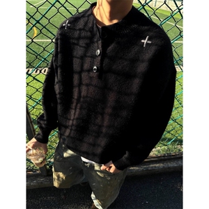美式重磅亨利领刺绣毛衣男秋冬宽松慵懒风加厚内搭保暖黑色针织衫图片