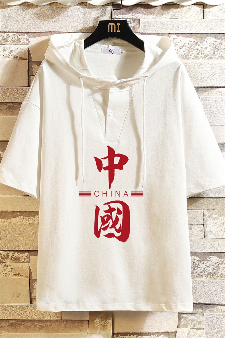 LD54198-P45连帽短袖t恤男大码胖子带帽五分袖中袖砖墙挂拍,男装T恤,电商A040A