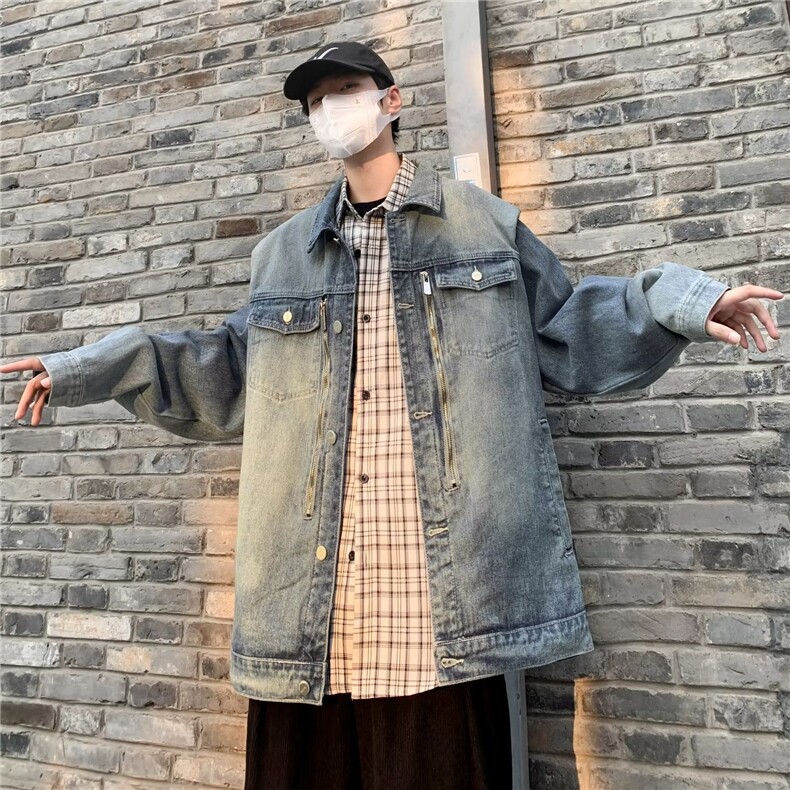 美式复古重工水洗直角垫肩牛仔夹克外套男女春季新款高级感上衣潮,男装工装外套,星座1210-1