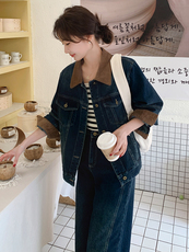 美式复古独特撞色拼接2025年春新款时尚牛仔外套阔腿裤，女装短外套，浙宝305
