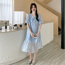 新中式国风提花圆领连衣裙女2025夏季新款小个子宽松气质拼接长裙，女装连衣裙，2C307