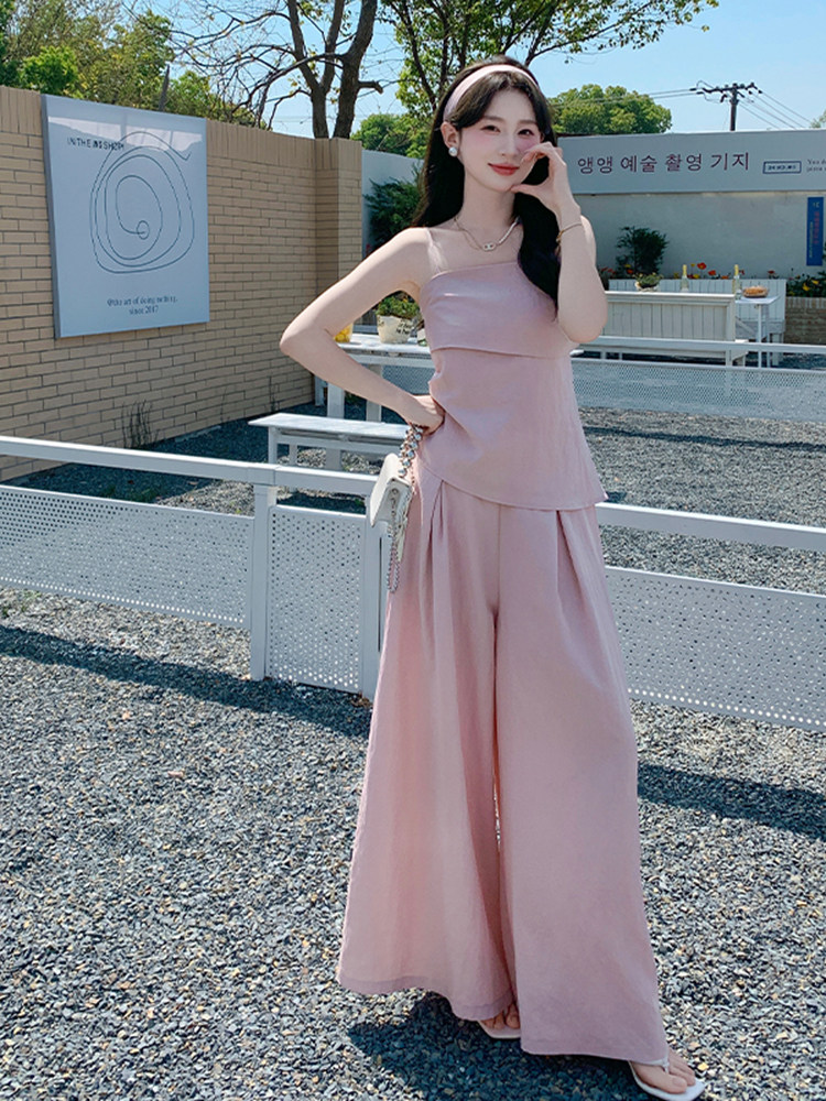 粉色法式简约甜美风吊带上衣套装女2025夏季新款高腰阔腿裤两件套,女装套装/套裙,浙宝220