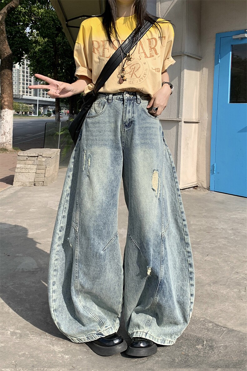 复古破洞廓形弯刀牛仔裤男女夏季新款廓形宽松阔腿裤YD9007-P75,男装牛仔裤,星座509