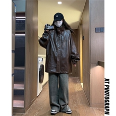 中性风民宿钢印夹克女大码M-5XL夹克男情侣皮衣女外套JK8749P90控，男装夹克，星座227-7