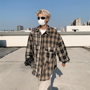 拼接长袖格子衬衫外套男女春秋季设计感宽松百搭衬衣潮S2215-p58图片