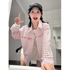 韩系少女风粉色格子衬衫外套女夏季字母印花polo领防晒衫C4122，男装Polo衫，星座1116A（原606A-3）