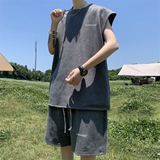 KT1鹿皮绒280克男女休闲坎肩短裤套装夏字母印花情侣男女学生宽松，男装休闲套装，星座115A-3