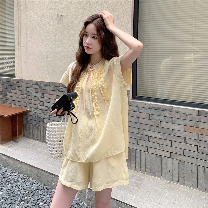 韩版黄色木耳边衬衫短裤套装女2025夏季新款俏皮减龄小个子两件套,女装套装/套裙,2C201
