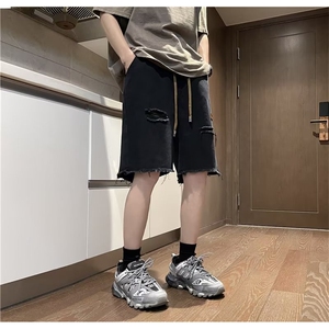 复古破洞牛仔短裤男新款宽松潮痞帅炸街做旧直筒五分裤TG122-P35图片
