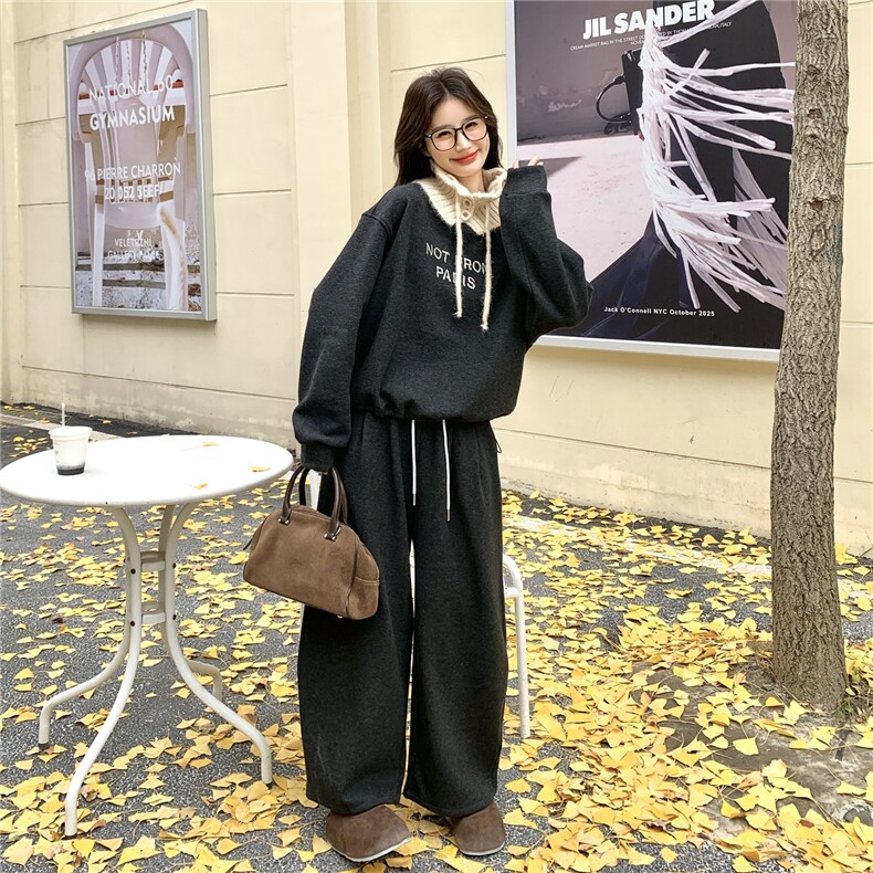 灰色复古针织立领拼接卫衣套装女2026冬韩系休闲运动阔腿裤两件套图片