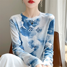 夏季新款彩墨画圆领短袖女莱赛尔天丝涂鸦长袖针织衫薄款防晒上衣，女装T恤，暖圣羊羊绒