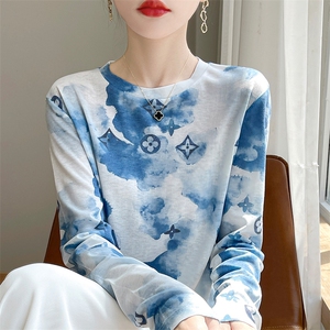 夏季新款彩墨画圆领短袖女莱赛尔天丝涂鸦长袖针织衫薄款防晒上衣图片