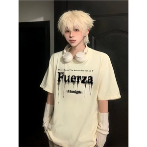 抖音得物供货210克现货宽松纯棉美式潮牌印花落肩袖纯棉T恤AT2161图片
