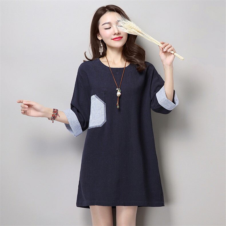 贴布口袋短裙五分袖2021年夏季H型宽松腰通勤麻T恤，女装T恤，独衣靓