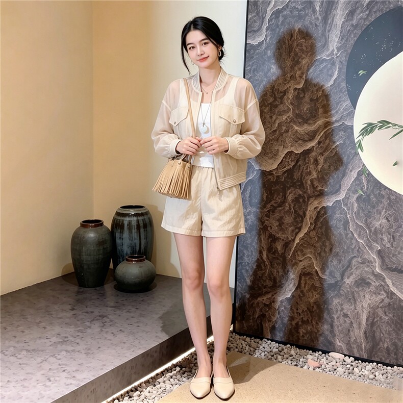 女夏新款赫本风轻熟时尚炸街套装洋气减龄长袖开衫外套短裤两件套,女装套装/套裙,江南