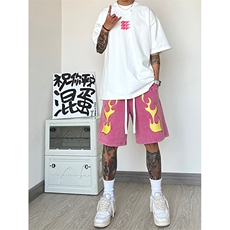 纯棉320G重磅水洗做旧印花短裤A014-DY2375-P50控68，男装休闲裤，电商A014