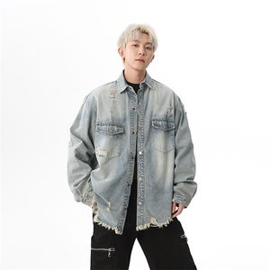 潮牌牛仔服外套男翻领破洞宽松上衣青年春新款休闲夹克JK1175-P70