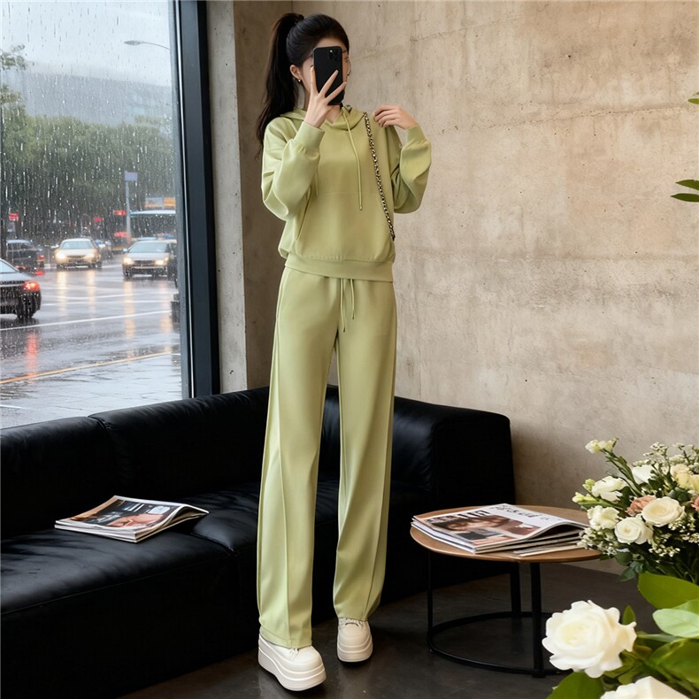女秋季网红炸街时尚运动套装盐系穿搭纯色连帽卫衣阔腿长裤两件套,女装套装/套裙,江南