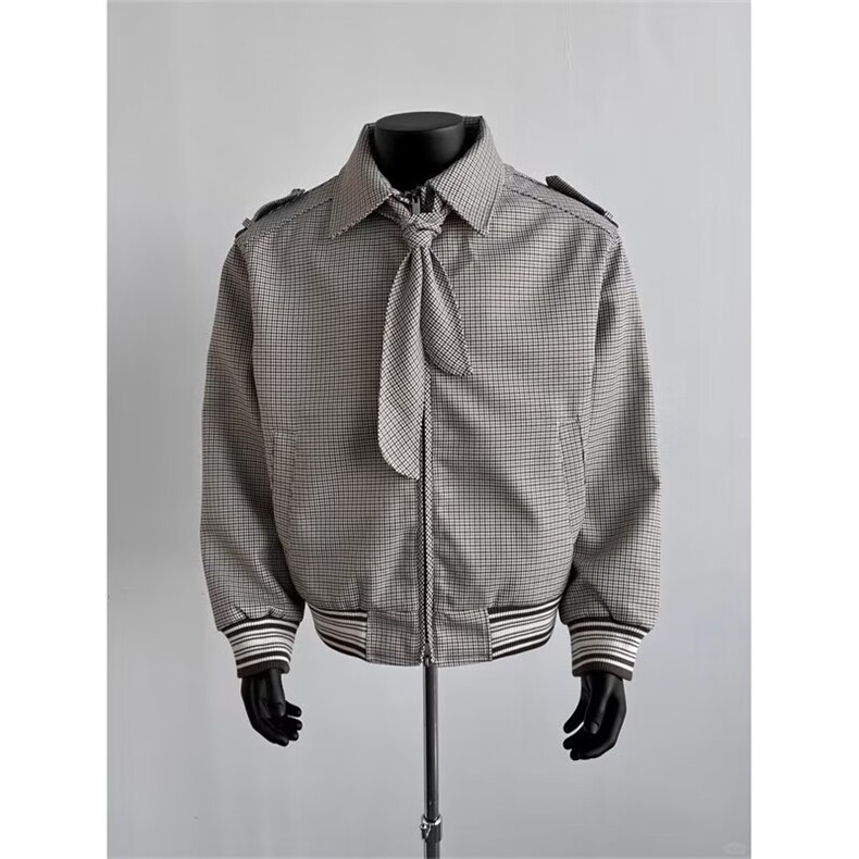 英伦复古千鸟格纹设计男春秋高端宽松翻领休闲夹克外套领带可拆卸,男装夹克,星座302B