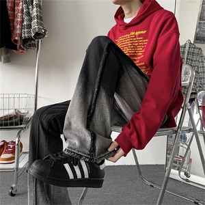 渐变水洗做旧牛仔裤男秋冬美式高街vibe微喇裤子宽松直筒休闲长裤图片