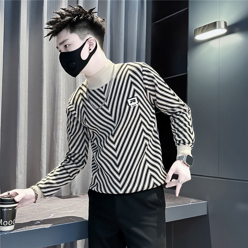 条纹撞色半高领小绣标毛衣男社会小伙店主风301C-M106P78控108图片