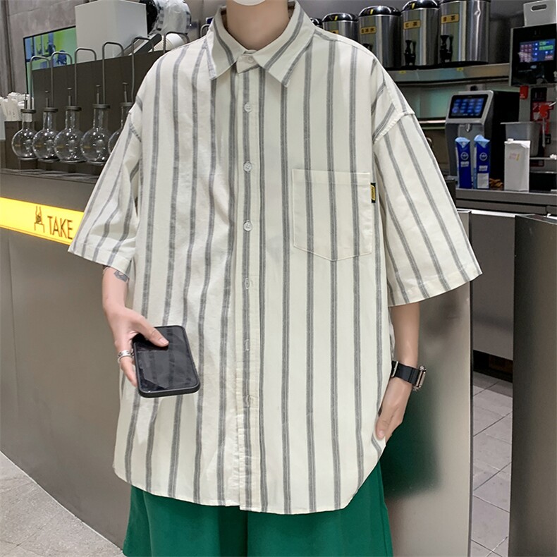 夏季设计感潮流外套ins港风日系百搭上衣条纹短袖衬衫男W3197-P34图片