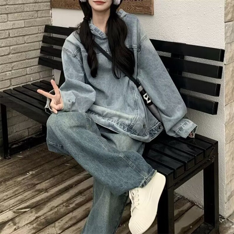 美式水洗复古情侣装牛仔卫衣连帽外套2025年春秋季宽松显瘦上衣,男装夹克,星座506A