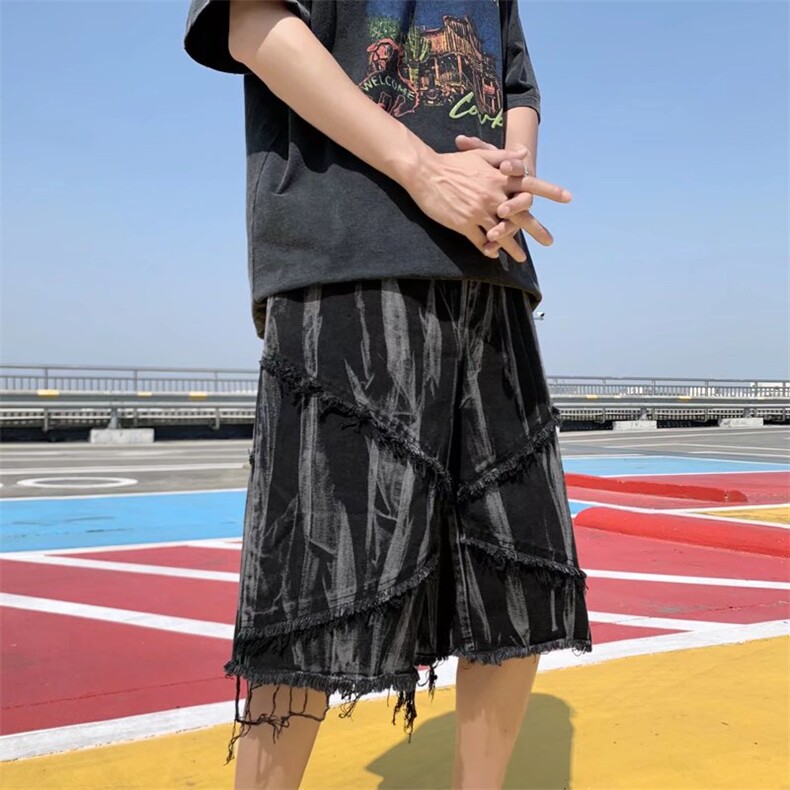 ins欧美高街暗黑扎染印花毛边牛仔短裤潮Z20P38,男装牛仔裤,星座1116-2