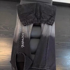 美式高街设计感阔腿牛仔裤男女春秋款复古高腰宽松垂感直筒裤子图片