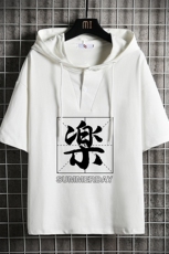 LD54197-P45连帽短袖t恤男大码胖子带帽五分袖中袖网格挂拍，男装T恤，电商A040A
