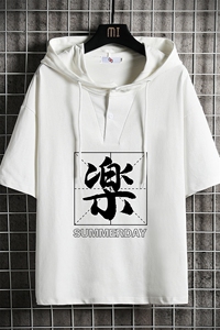 LD54197-P45 连帽短袖t恤男大码胖子带帽五分袖中袖 网格挂拍图片