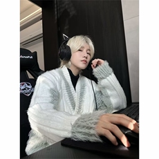 设计感毛绒拼接针织衫秋季新款V领套头宽松上衣慵懒感毛衣MX049，男装针织衫/毛衣，星座1116A-1（原606A）