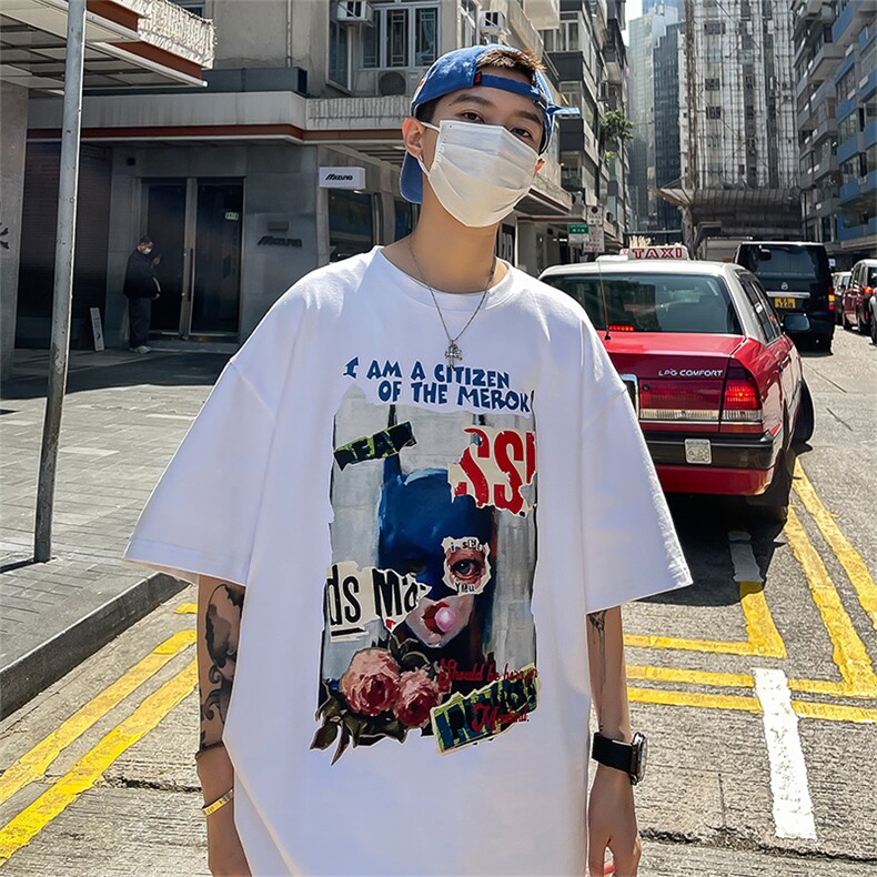 XT5113-TP25控价38港风宽松休闲短袖上衣男潮牌印花半袖t恤男,男装T恤,电商A102-1