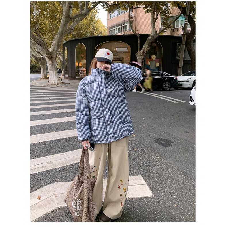 蓝色格子棉衣棉服2025冬季新款宽松面包服加厚外套,男装棉衣,星座410-7