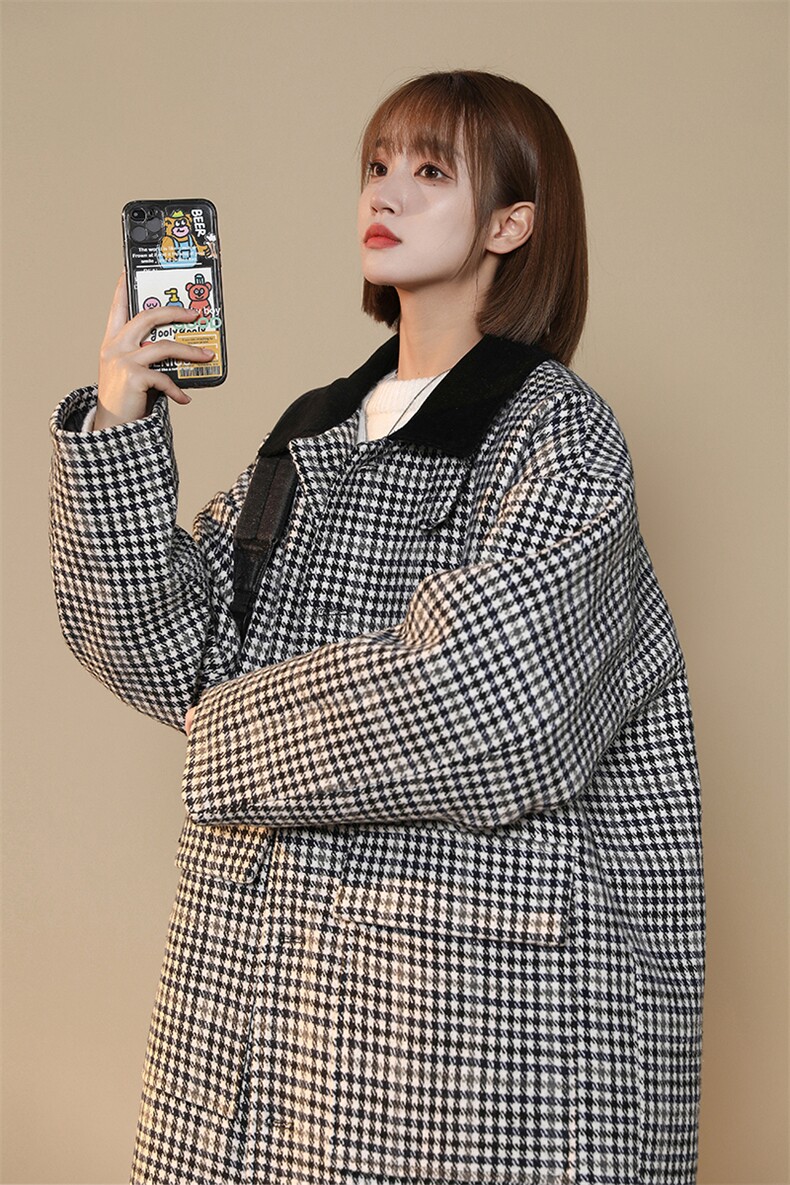 中性风中长款呢大衣翻领宽松廓形格纹夹棉毛呢外套G1038P128女,女装短外套,电商A339
