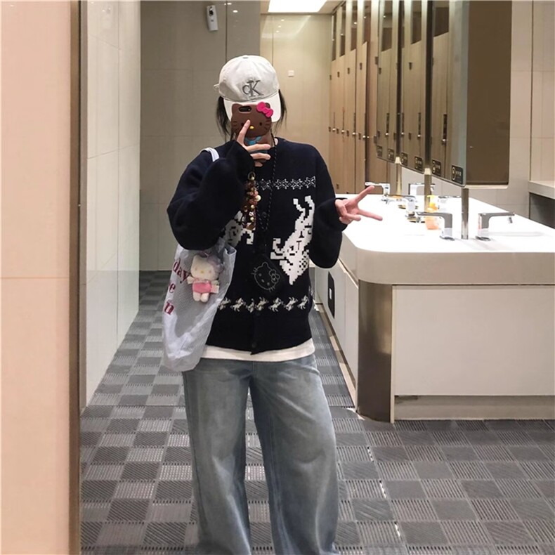 美式复古圆领开衫2025新款男女宽松休闲百搭oversize潮牌开衫毛衣,男装针织衫/毛衣,星座506A