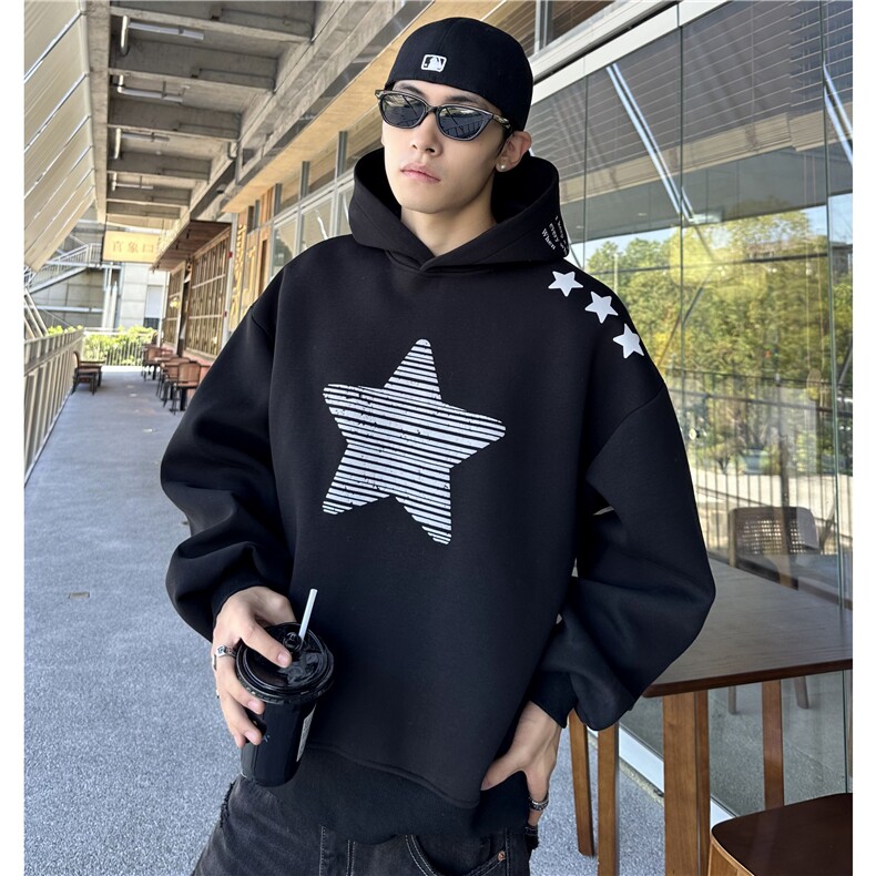 图美式复古星星印花字母连帽卫衣男女情侣帽衫,男装卫衣,电商C307