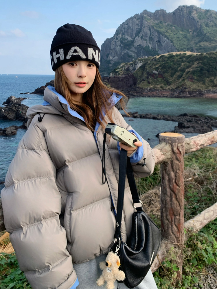 休闲灰色连帽短款泡芙羽绒服女冬超火好看高级小众加厚面包服外套,女装羽绒服,浙宝285（原212）